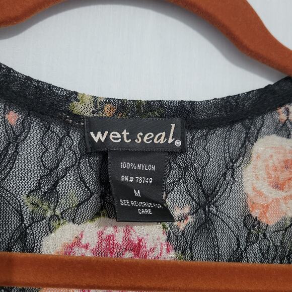 Wet Seal floral lace fringe hem open front kimono size M black festival boho - Picture 5 of 6